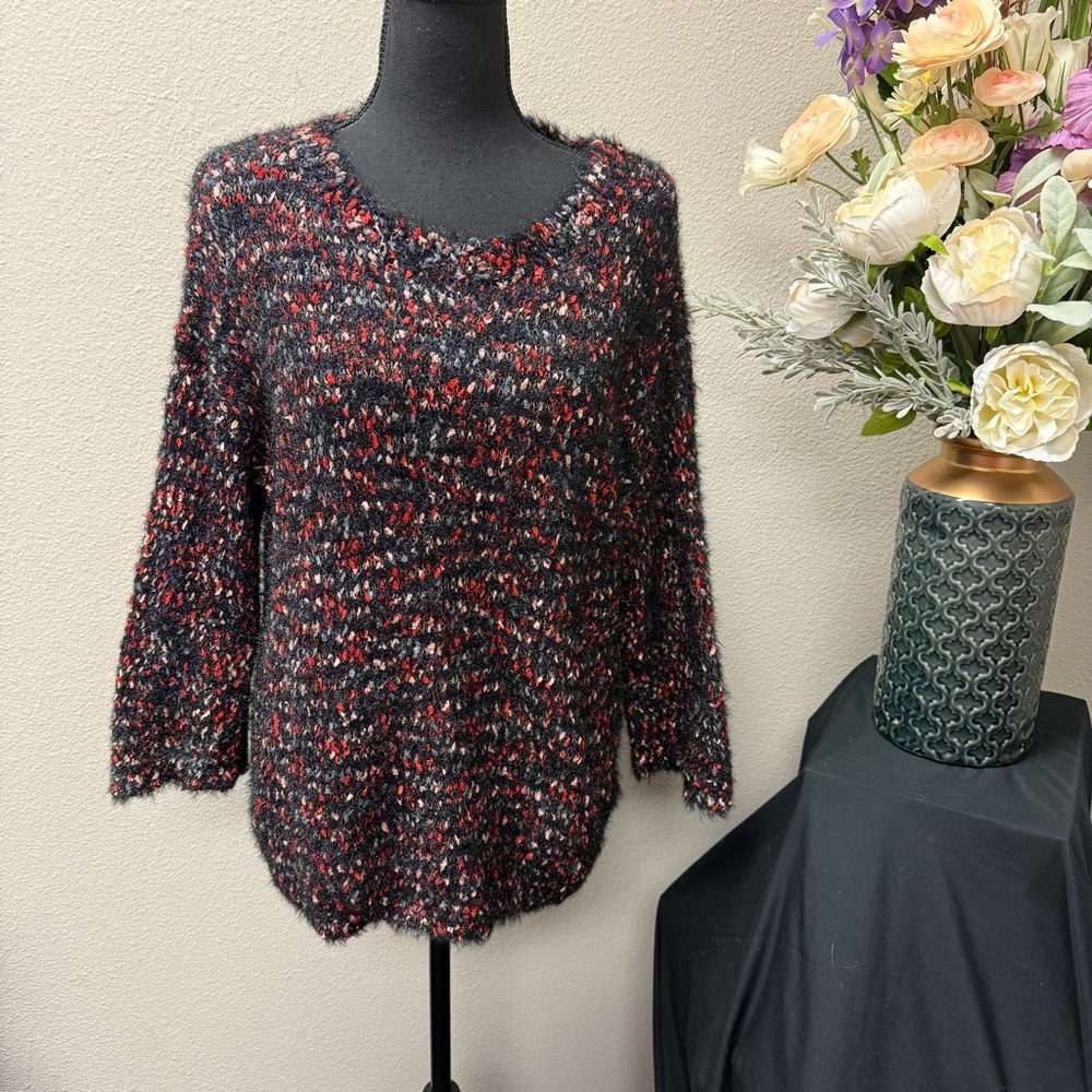 Madison Grey XL Textured Eyelash Knit Sweater Black Red Cozy Winter Pullover